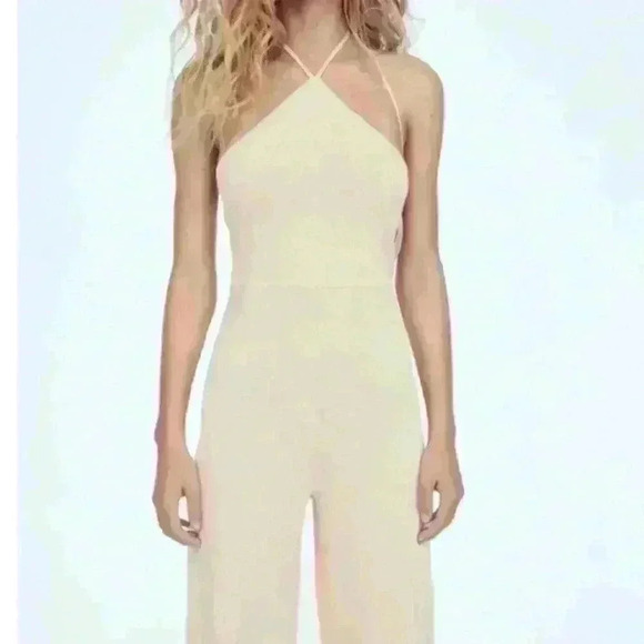 Zara Halter Wide Leg Ruffle Jumpsuit open back Cotton Cream Beige size  S - Picture 3 of 10